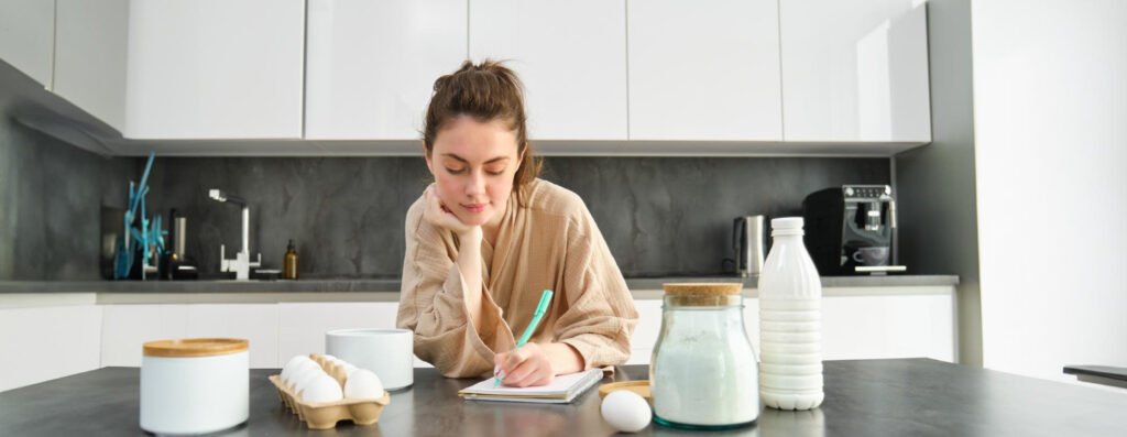 Una mujer haciendo una Checklist para planificar la organización de tu despensa pequeña