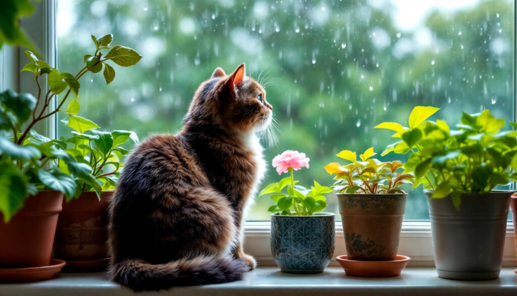 un gato rodeado de una montón de plantas seguras para gatos