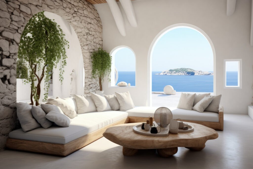 Terraza estilo Mediterráneo Renovado: paredes blancas, diseño abierto y mesa de madera clara.