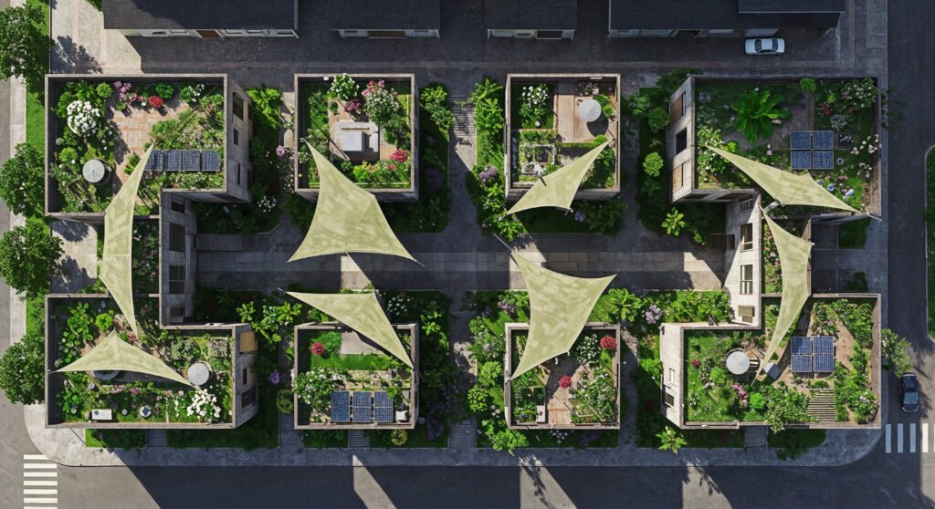 Zonificación terraza en 3 áreas: comedor, relax y huerto 