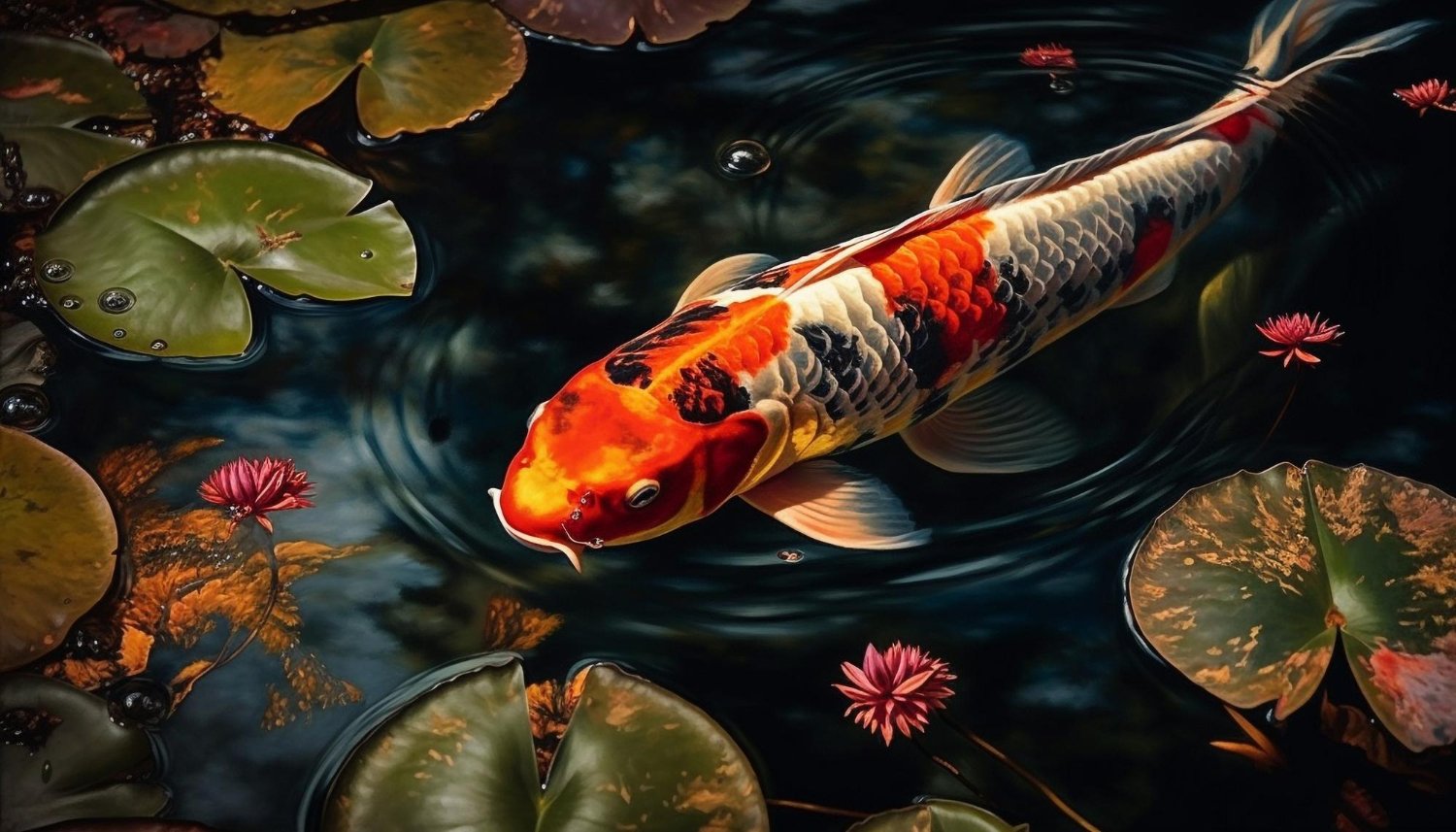 Koi rojo en estanque zen: simbolismo de amor y coraje en peces japoneses