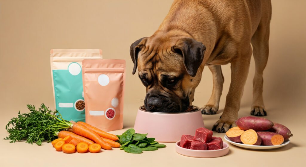 Perro disfrutando comida casera de pollo y verduras