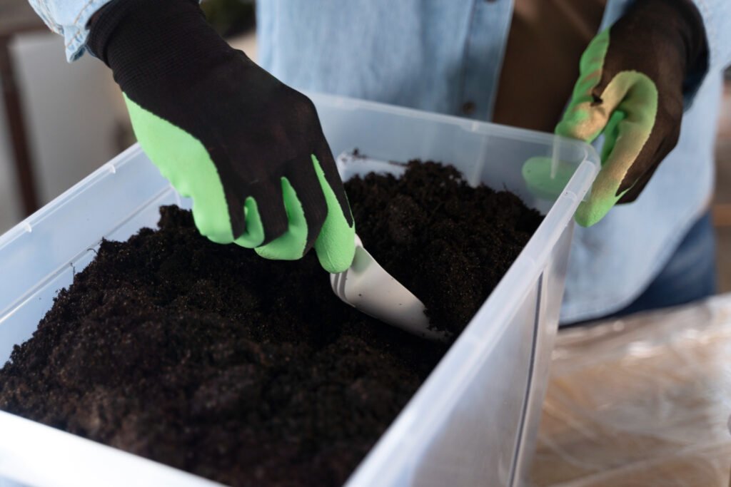 Detalle de mezcla de compost y tierra en recipiente, base ideal para Cómo preparar tierra para macetas.