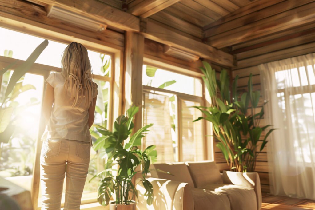 mujer en su sala de estar llena de plantas aprovechando la luz del sol, uno de los mejores consejos que te pueden dar para ahorrar energía en casa