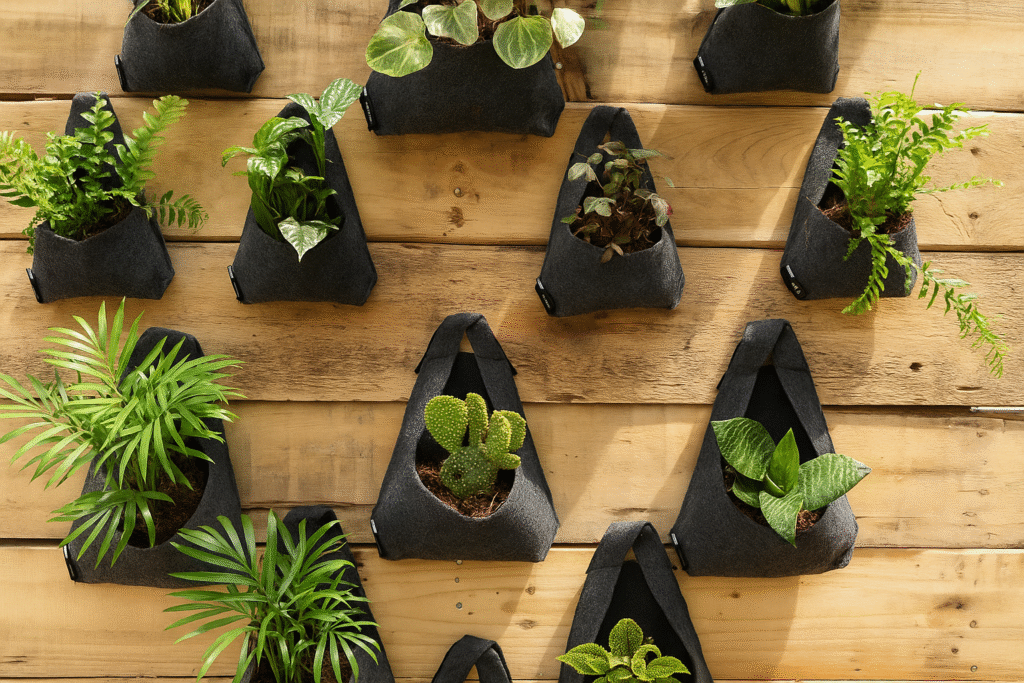 huerto vertical hecho en casa con bolsillos de fieltro, uno de los huertos verticales mas populares para tener en casa.