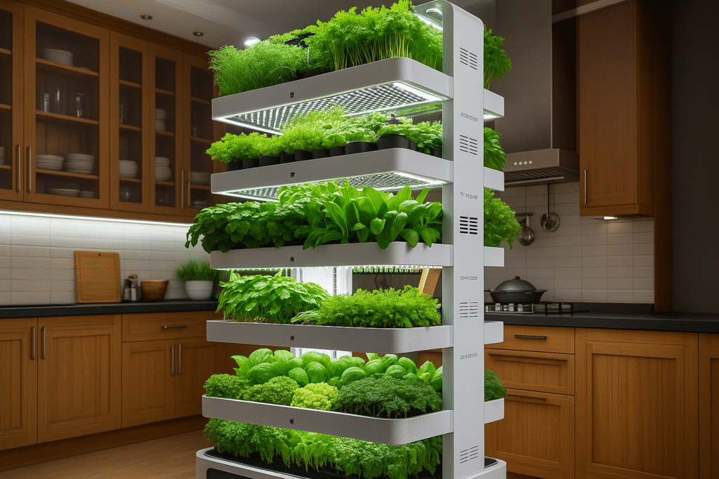 huerto vertical con luces led puesto en la cocina de una casa 